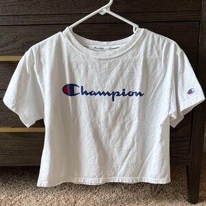 Champion Cropped White Tee with Blue and Red Logo